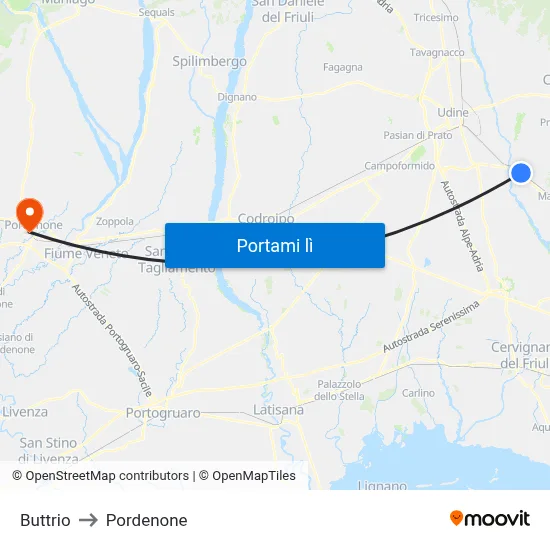 Buttrio to Pordenone map