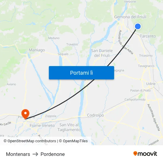Montenars to Pordenone map