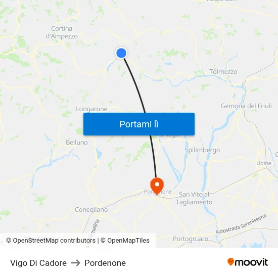Vigo Di Cadore to Pordenone map
