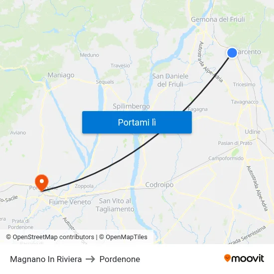 Magnano In Riviera to Pordenone map