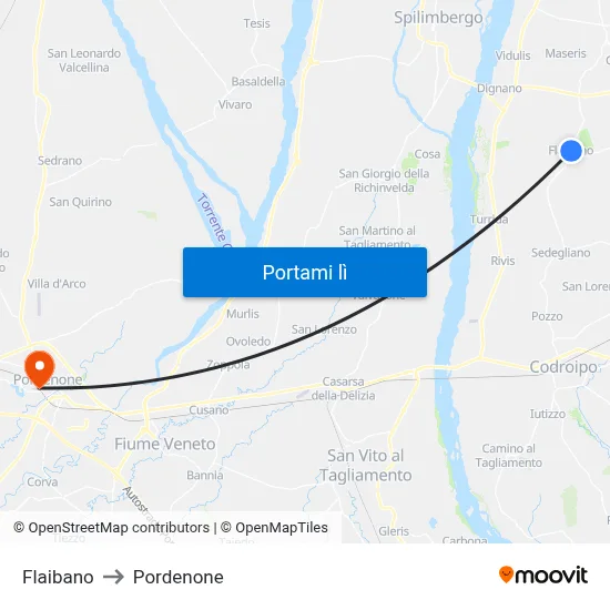 Flaibano to Pordenone map