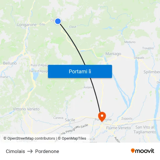 Cimolais to Pordenone map