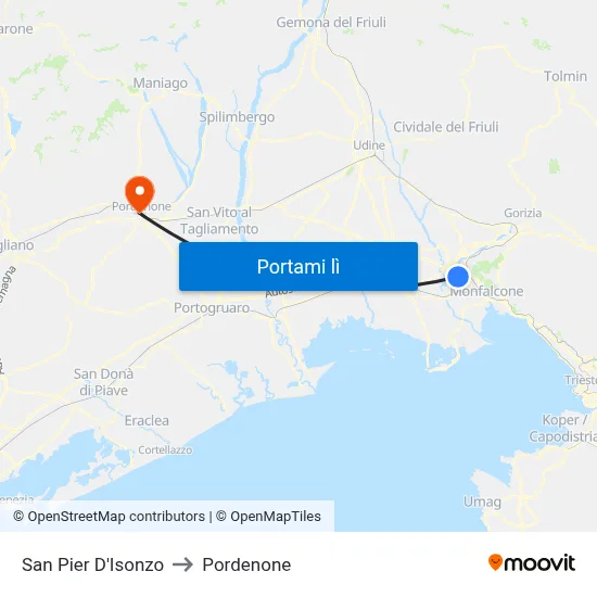 San Pier D'Isonzo to Pordenone map