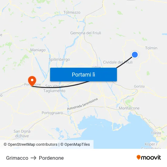 Grimacco to Pordenone map