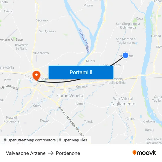 Valvasone Arzene to Pordenone map