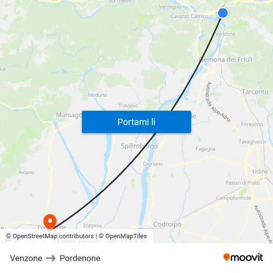 Venzone to Pordenone map
