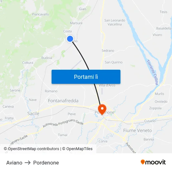 Aviano to Pordenone map