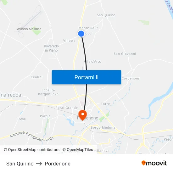 San Quirino to Pordenone map
