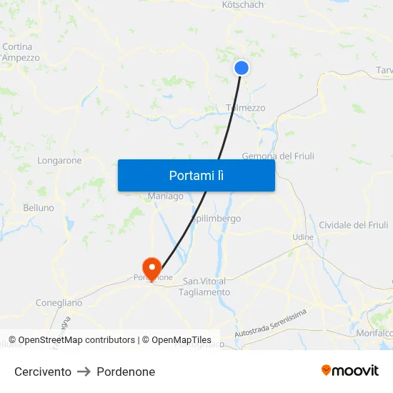 Cercivento to Pordenone map