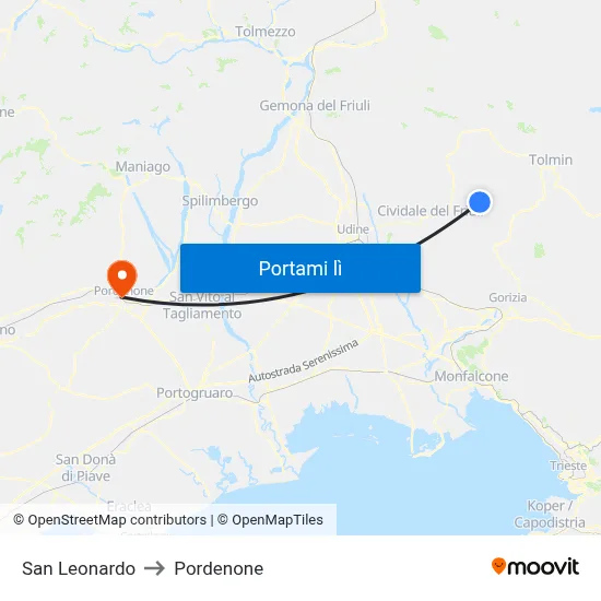 San Leonardo to Pordenone map