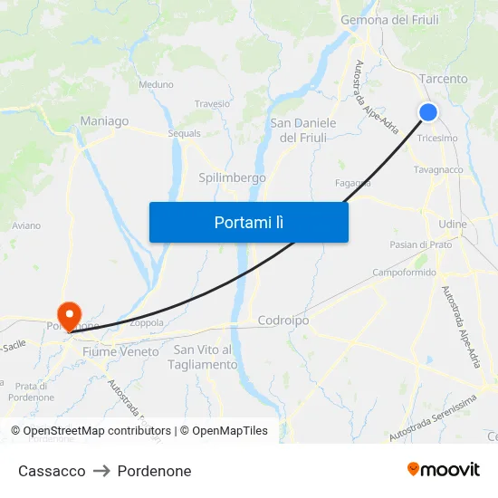 Cassacco to Pordenone map