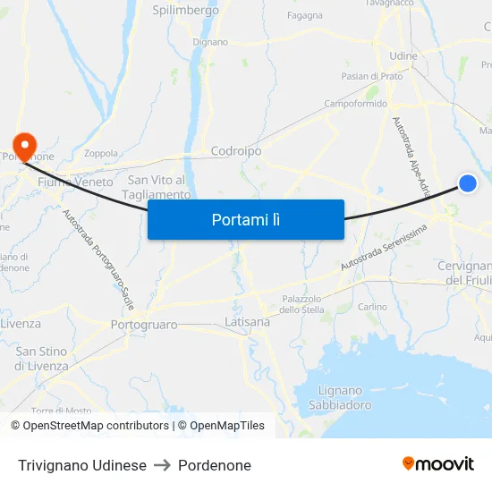 Trivignano Udinese to Pordenone map