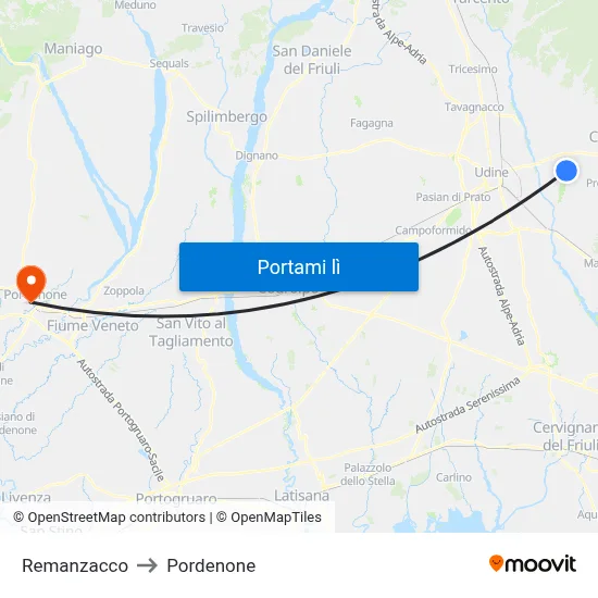 Remanzacco to Pordenone map