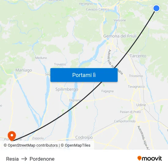 Resia to Pordenone map
