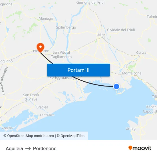 Aquileia to Pordenone map
