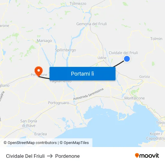 Cividale Del Friuli to Pordenone map