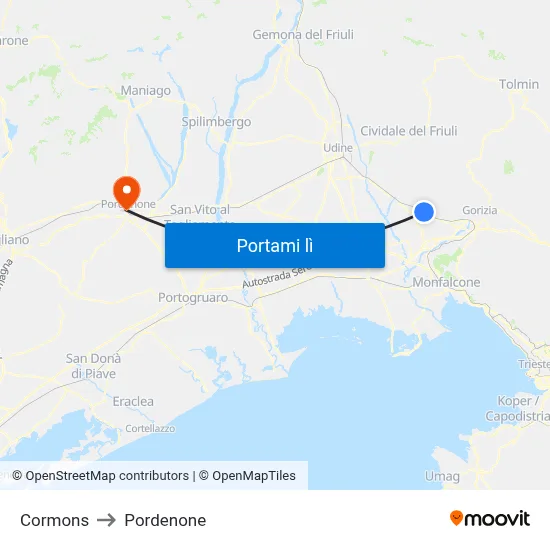 Cormons to Pordenone map