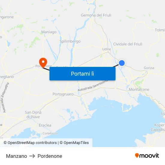 Manzano to Pordenone map