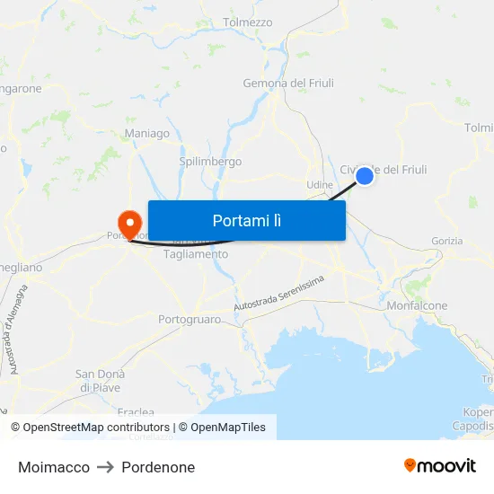 Moimacco to Pordenone map