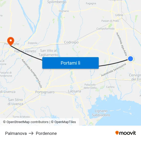 Palmanova to Pordenone map