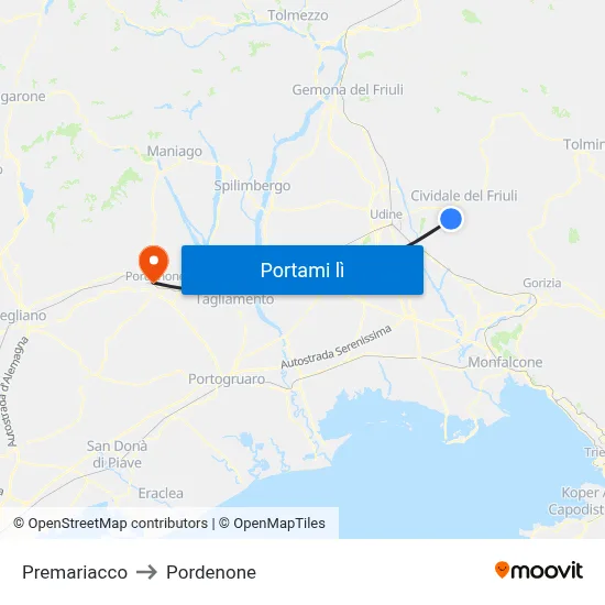 Premariacco to Pordenone map