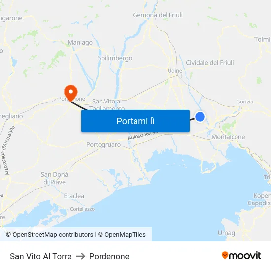 San Vito Al Torre to Pordenone map