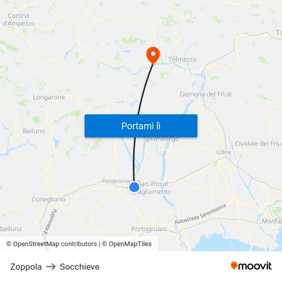 Zoppola to Socchieve map