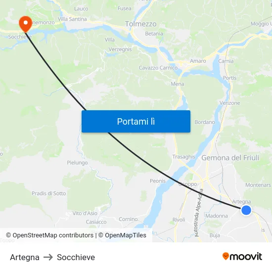 Artegna to Socchieve map