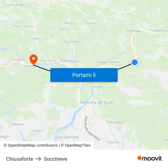 Chiusaforte to Socchieve map