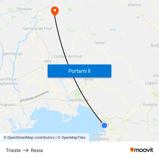 Trieste to Resia map