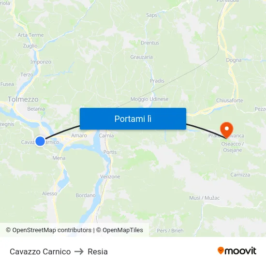 Cavazzo Carnico to Resia map