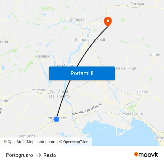 Portogruaro to Resia map