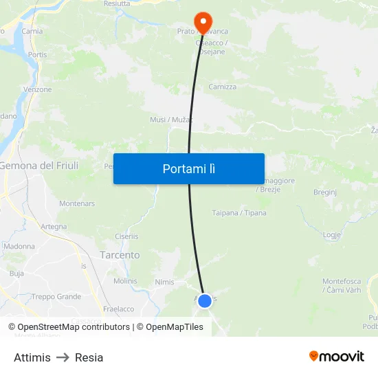 Attimis to Resia map