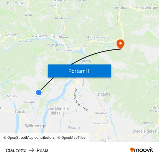 Clauzetto to Resia map