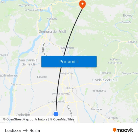 Lestizza to Resia map