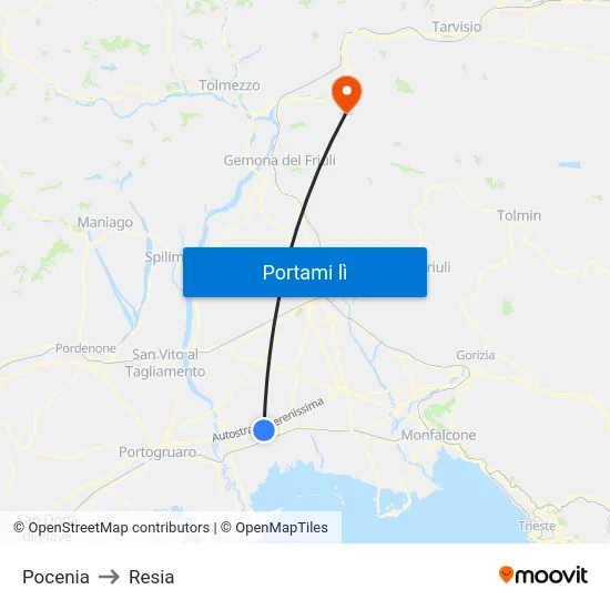 Pocenia to Resia map