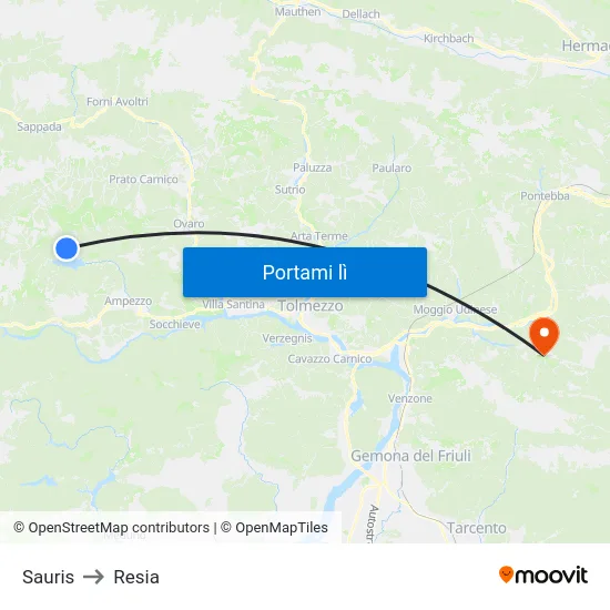 Sauris to Resia map