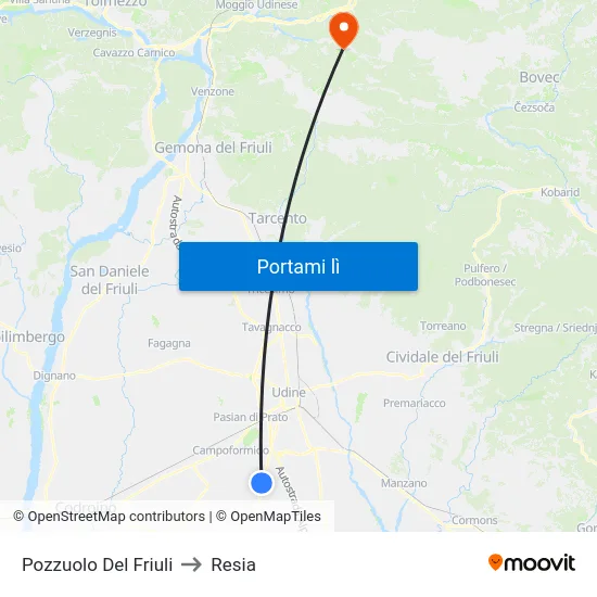 Pozzuolo Del Friuli to Resia map