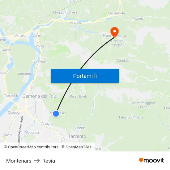 Montenars to Resia map