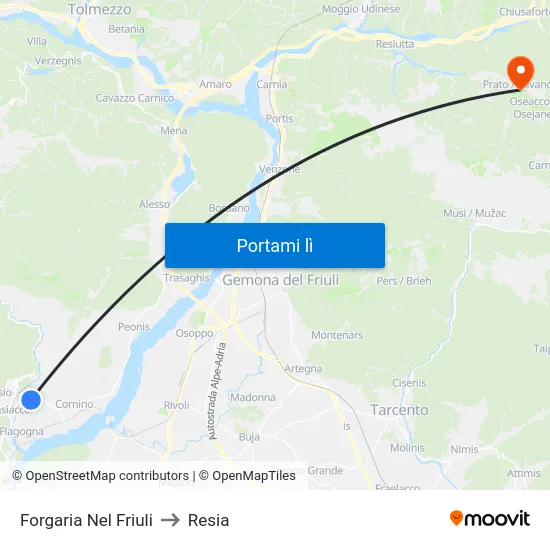 Forgaria Nel Friuli to Resia map