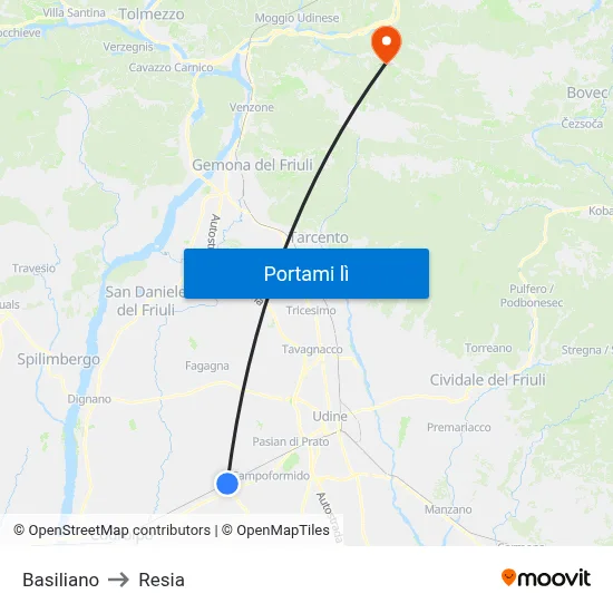 Basiliano to Resia map