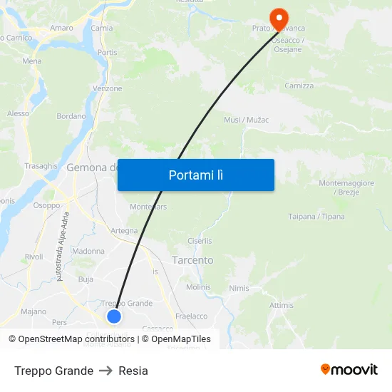 Treppo Grande to Resia map
