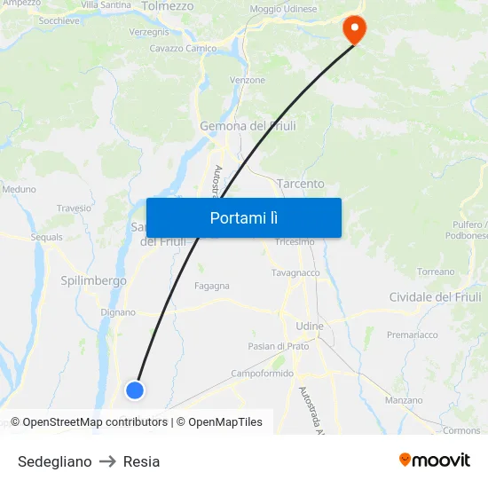 Sedegliano to Resia map