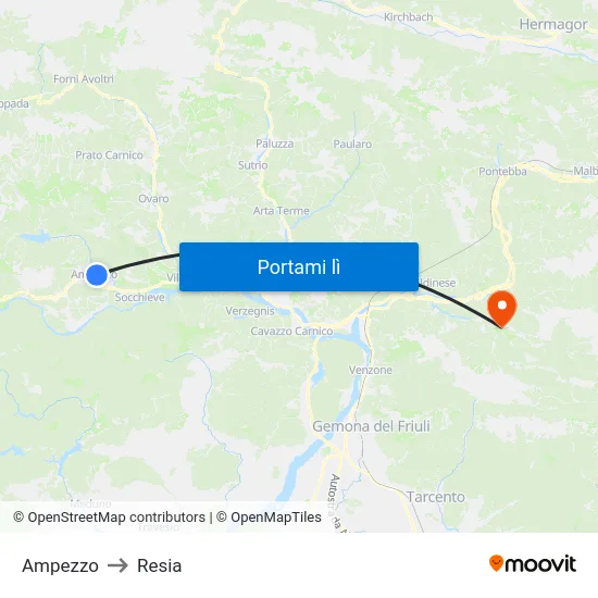 Ampezzo to Resia map