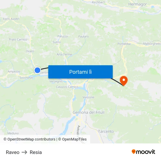 Raveo to Resia map