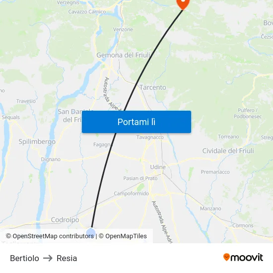 Bertiolo to Resia map