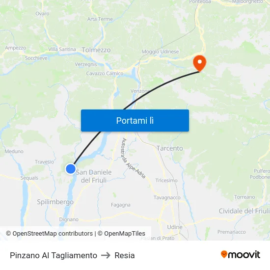 Pinzano Al Tagliamento to Resia map