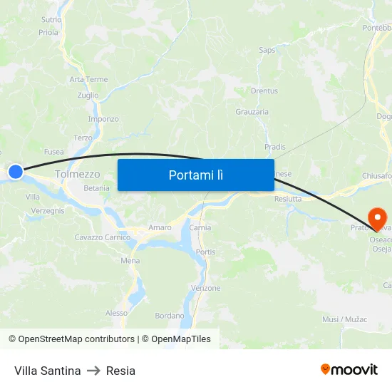 Villa Santina to Resia map