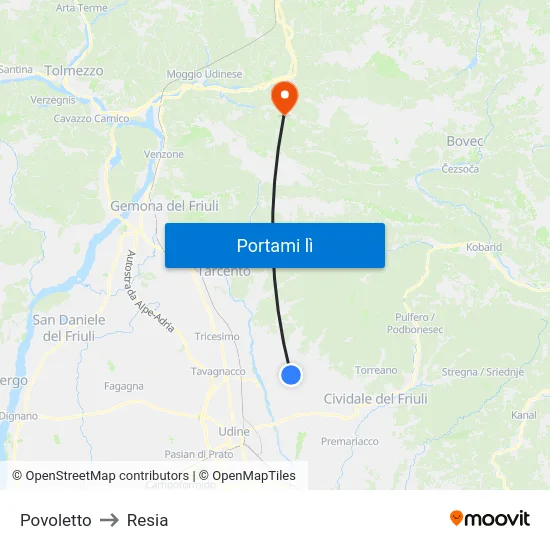 Povoletto to Resia map