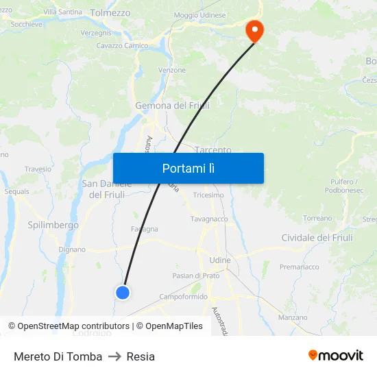 Mereto Di Tomba to Resia map